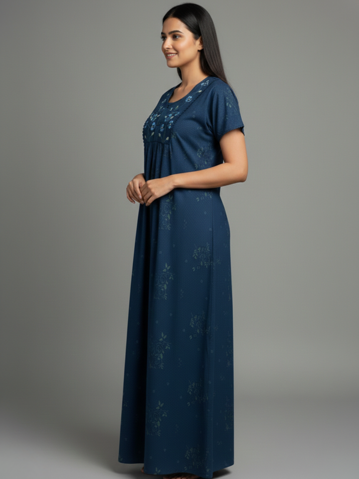 Floral Pleated Cotton Blend Nighty for Women in Indigo Shade