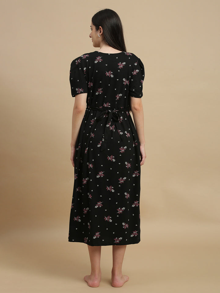 Midnight Blossom Floral Hosiery Cotton Short Maternity Nighty