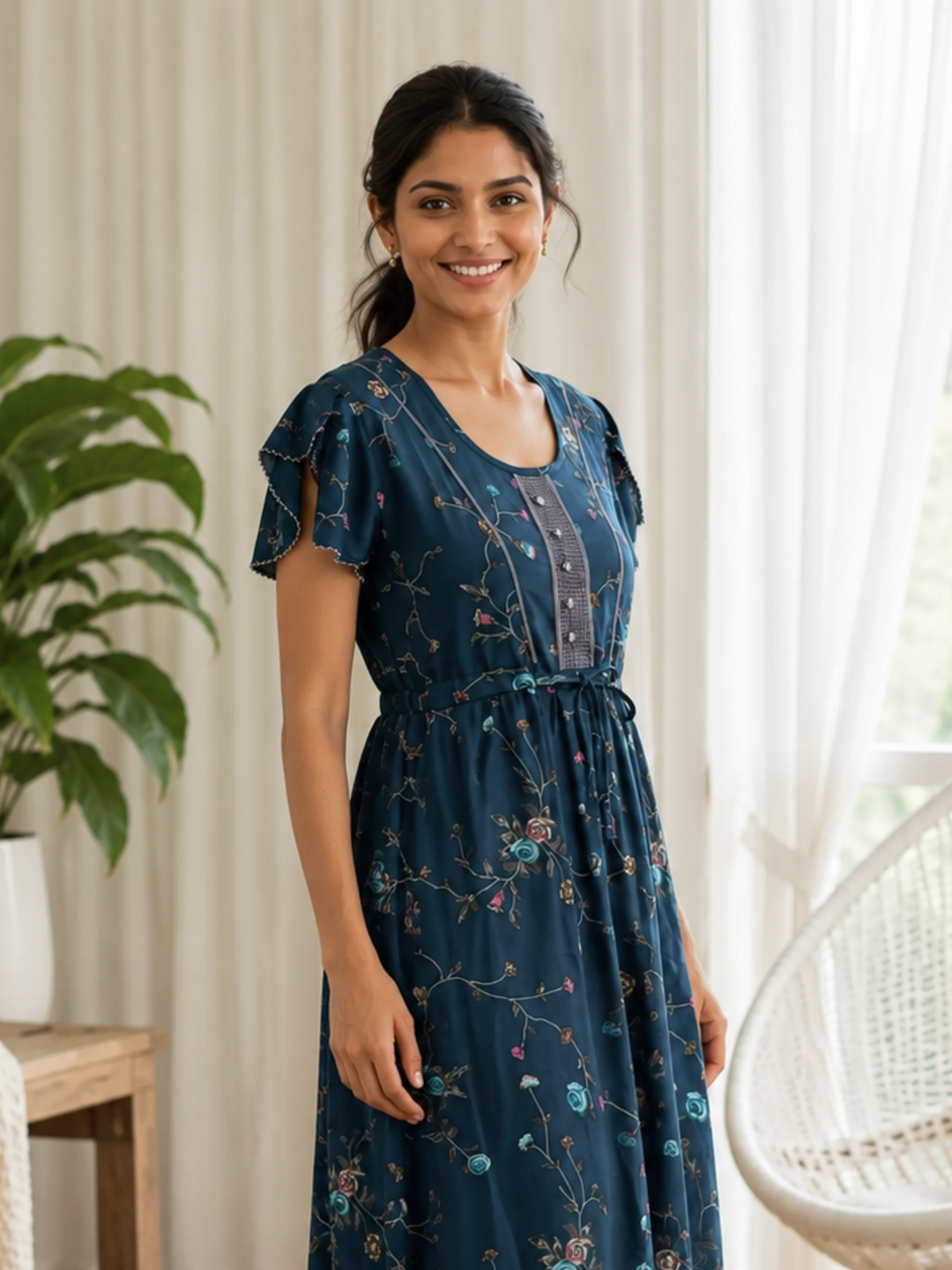 Floret Teal Alpine Designer Nighty for Women with Frock Fit
