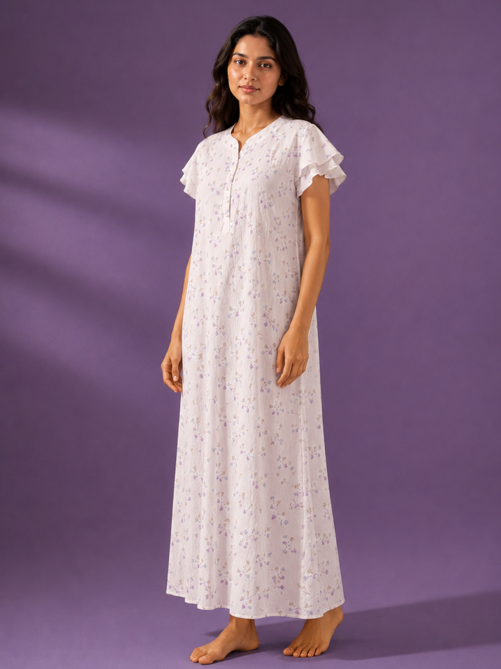 Pastel White Disty Floral Bamboo Feel Crush Cotton Nighty