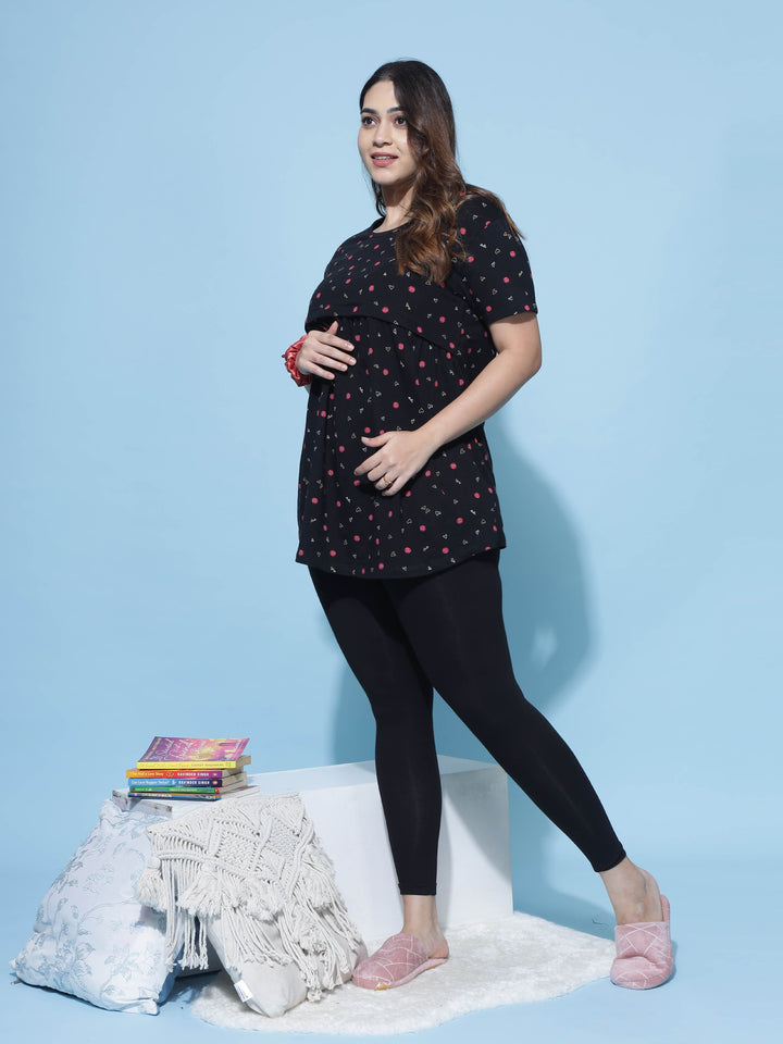  Maternity Top  Hosiery Cotton Maternity Feeding Top | Black Short Nighty- 9shines label 