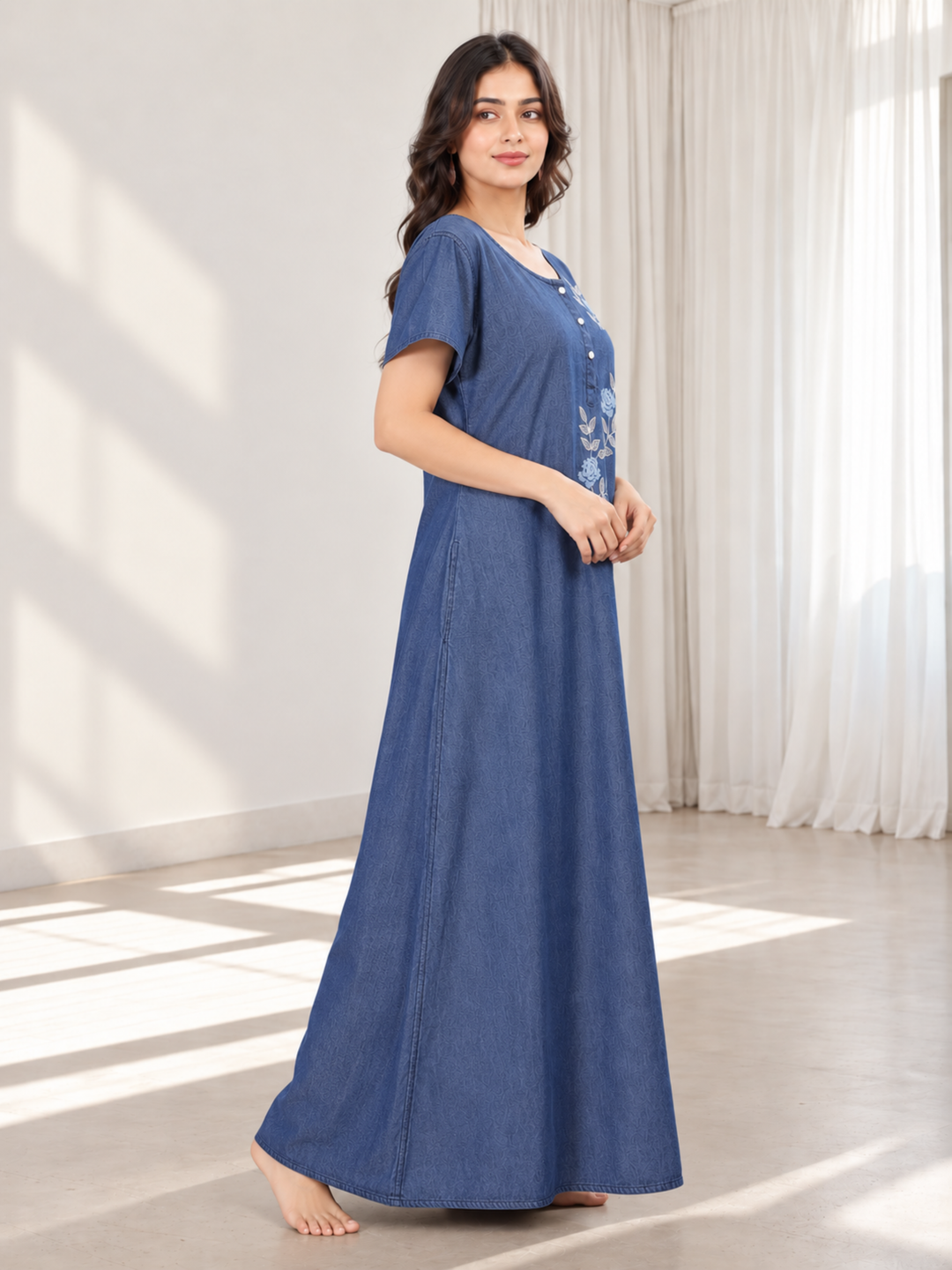 Denim Blue Soft Cotton Nighty | Floral Embroidery, Full-Length Comfort