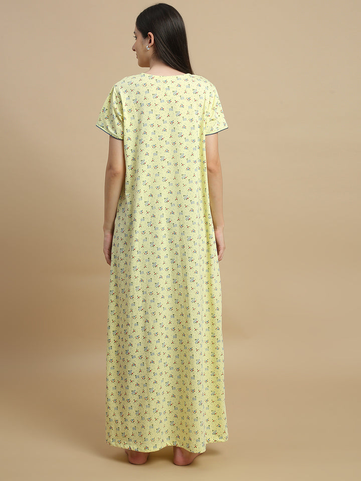 Yellow Floral Print Cotton Blend Designer Nighty for Women