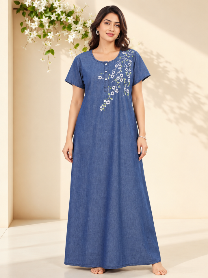 Soft Cotton Denim Blue Nighty with Floral Embroidery | Relaxed Fit