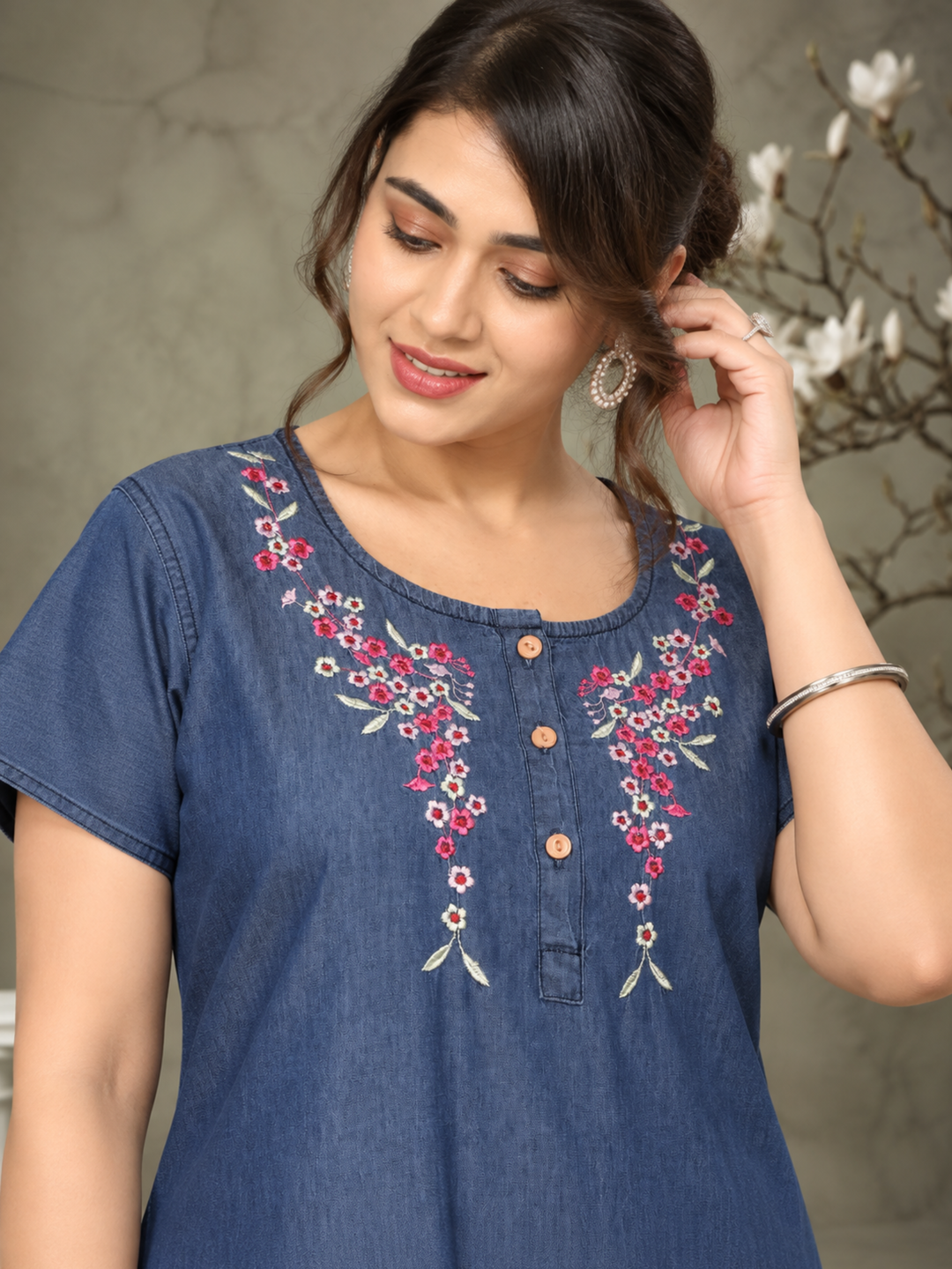 Soft Denim Blue Nighty with Pink Floral Embroidery Maxi Length