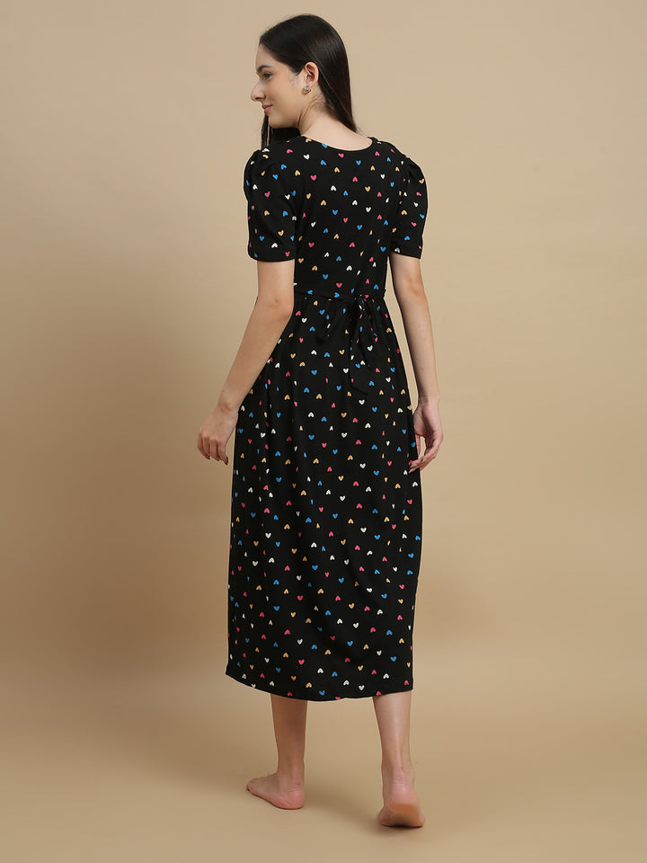 Black Sweetheart Floral Hosiery Cotton Short Maternity Nighty