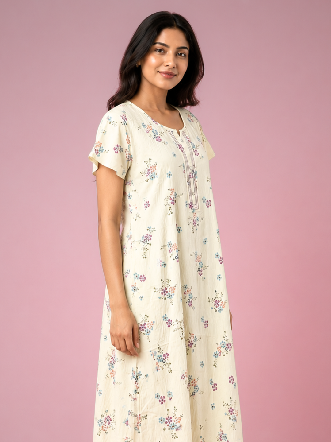 Meadow Yellow Floral Crush Cotton Nighty for Women Relaxed Fit