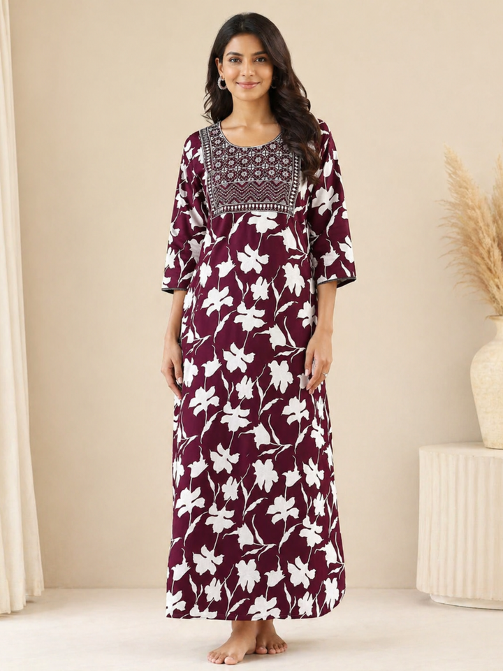 Luxurious Purple Jaipuri Cotton Nighty Embroidered Patch