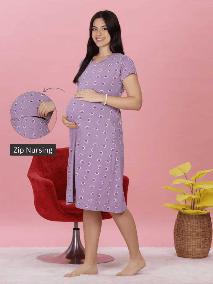 Lilac Maternity Nighty Soft Cotton, Nursing &amp; Pregnancy Nightwear