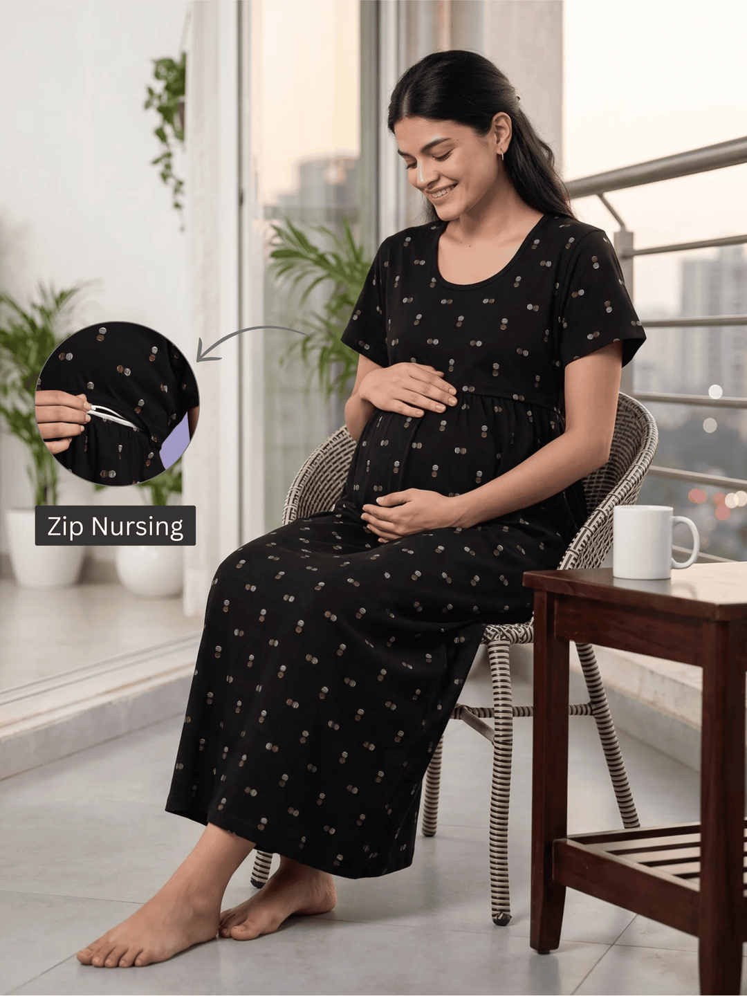 Midnight Dots Nursing Ready Maternity Lounge Nighty