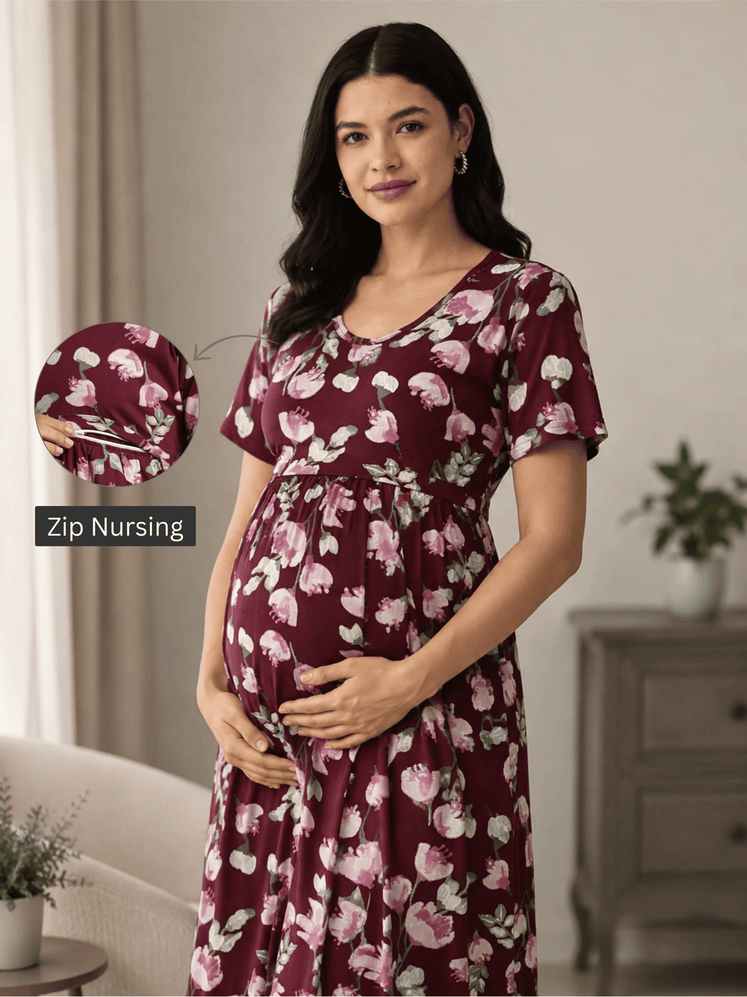 Wine Petal Pregnancy Friendly Hosiery Cotton Nightdress