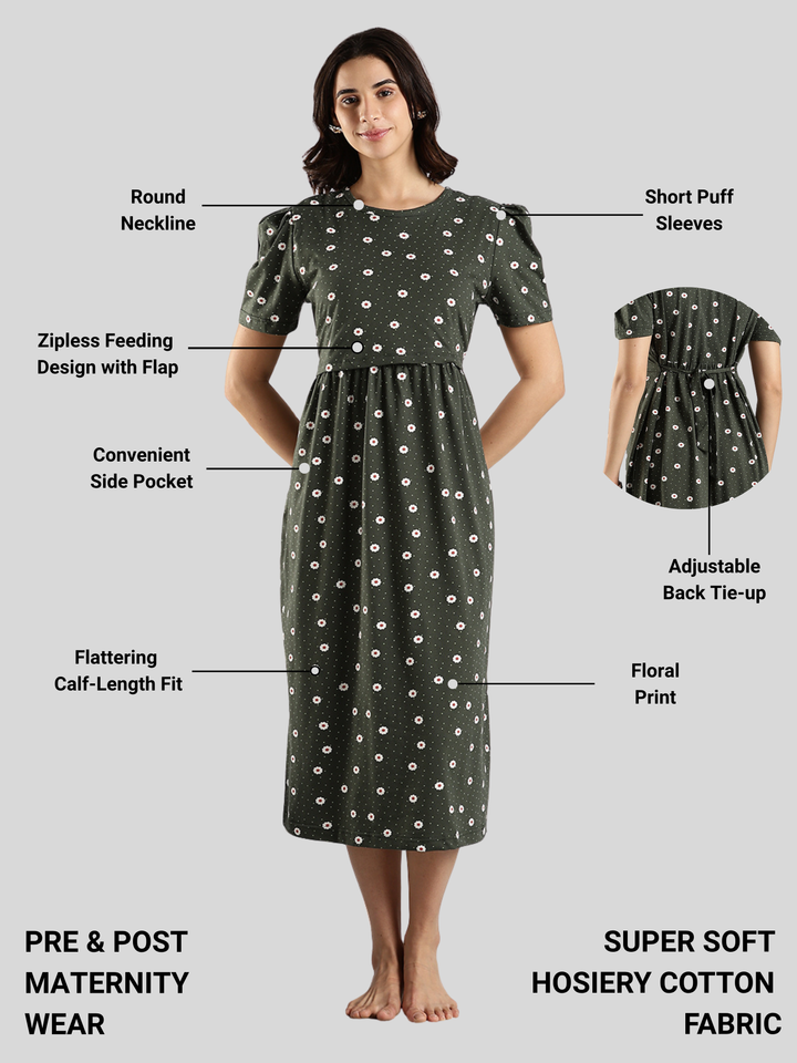 Bottle Green Maternity Nightdress for Women Feeding Friendly
