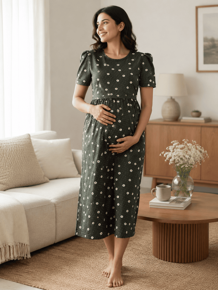 Bottle Green Maternity Nightdress for Women Feeding Friendly