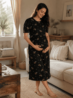 Midnight Blossom Floral Hosiery Cotton Short Maternity Nighty