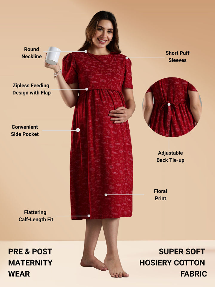 Red Stylish Zipless Maternity Feeding Nightwear for Women