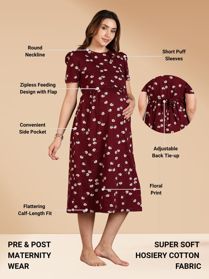 Maroon Stylish Zipless Maternity Feeding Nightwear for Women