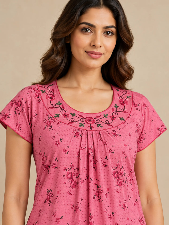 Dark Peach Floral Print Cotton Blend Pleated Nighty for Women