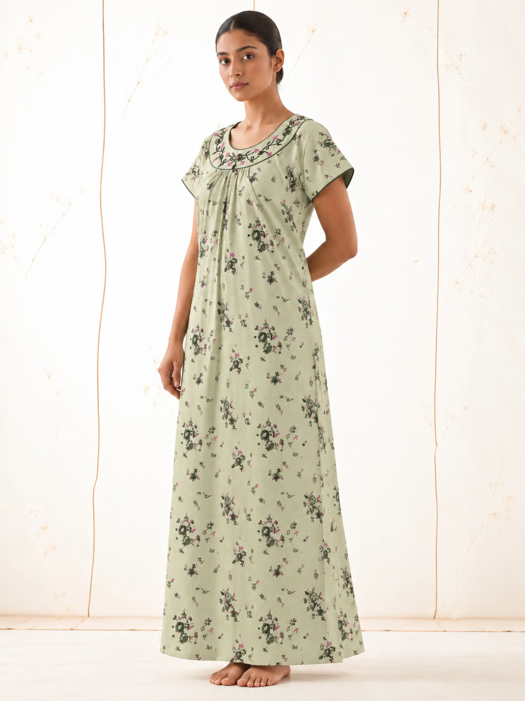 Green Floral Print Cotton Blend Pleated Nighty for Women