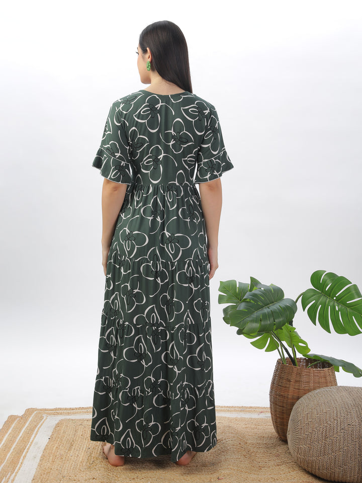 Green floral print nighty maxi for women