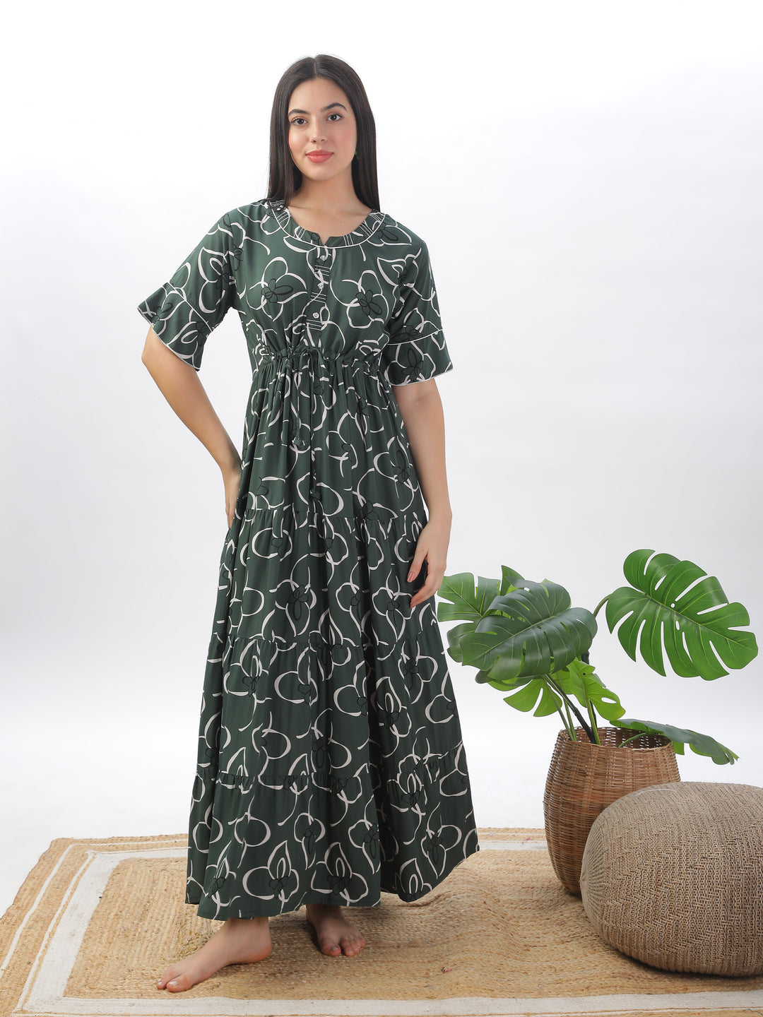 Green floral print nighty maxi for women