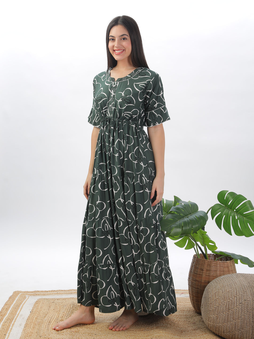 Green floral print nighty maxi for women