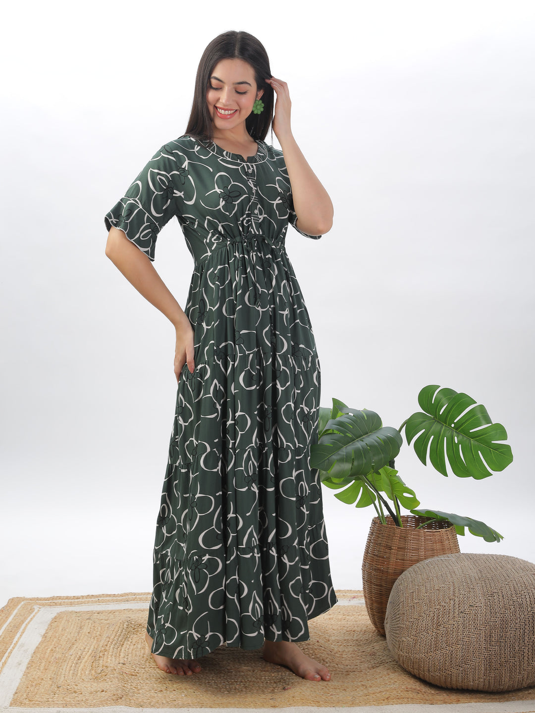 Green floral print nighty maxi for women