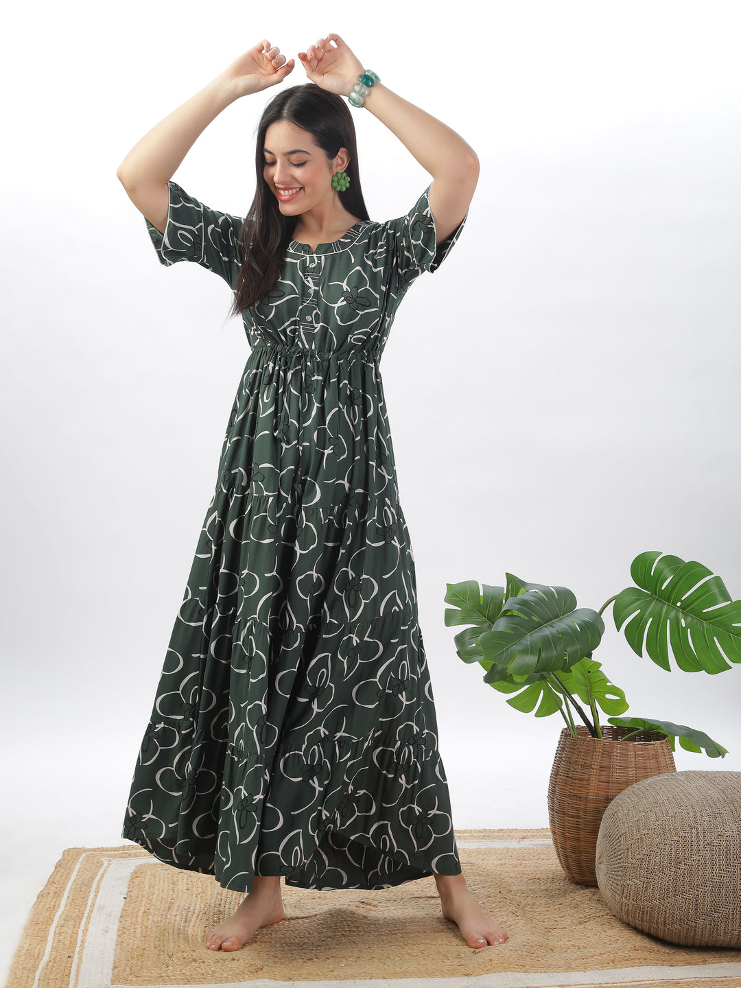 Green floral print nighty maxi for women