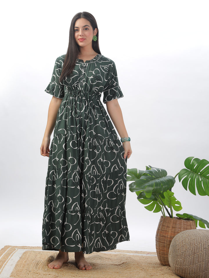 Green floral print nighty maxi for women