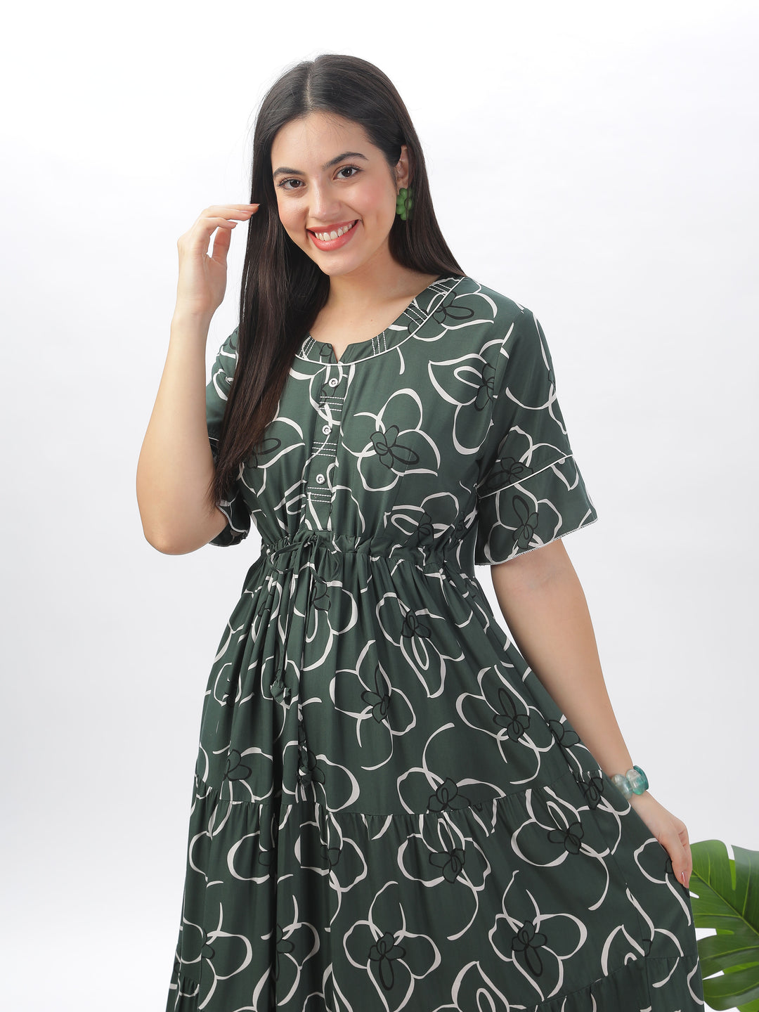 Green floral print nighty maxi for women