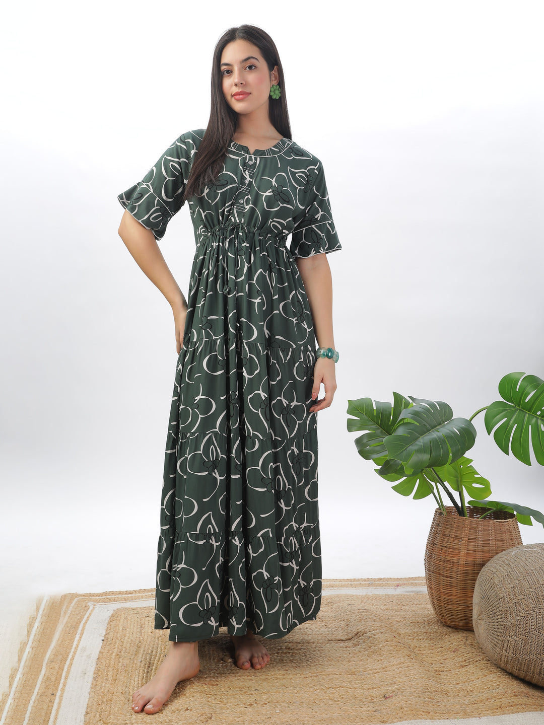 Green floral print nighty maxi for women