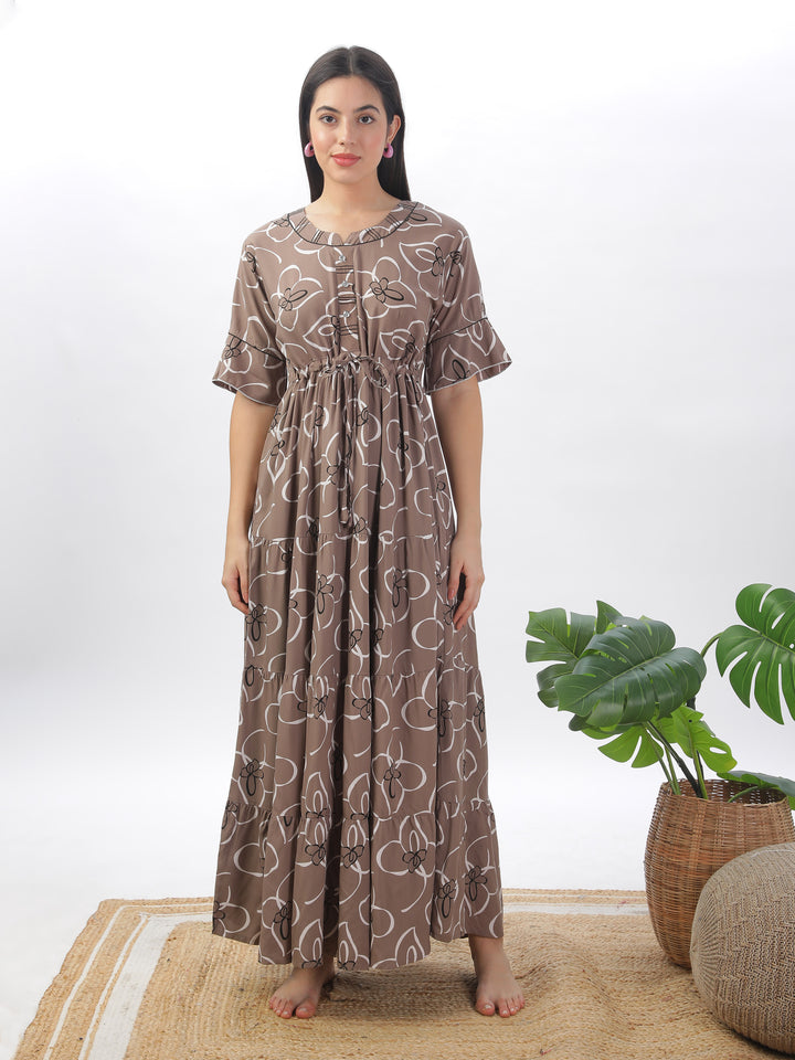 Khaki floral print designer nighty for women