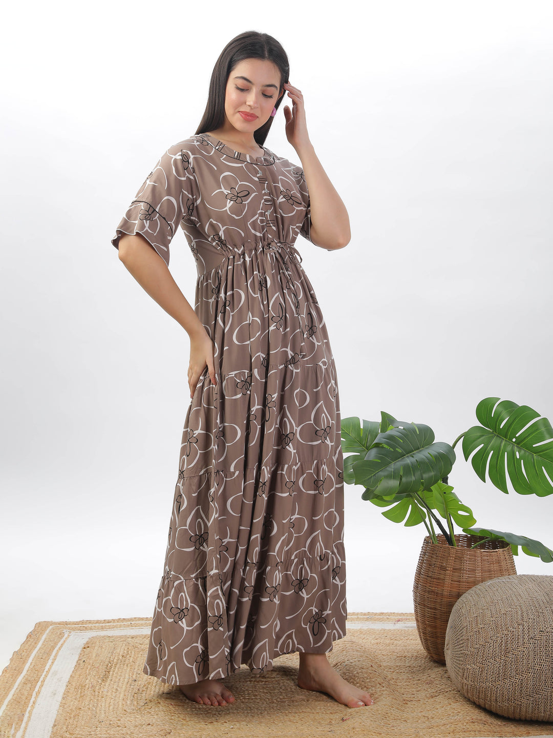 Khaki floral print designer nighty for women