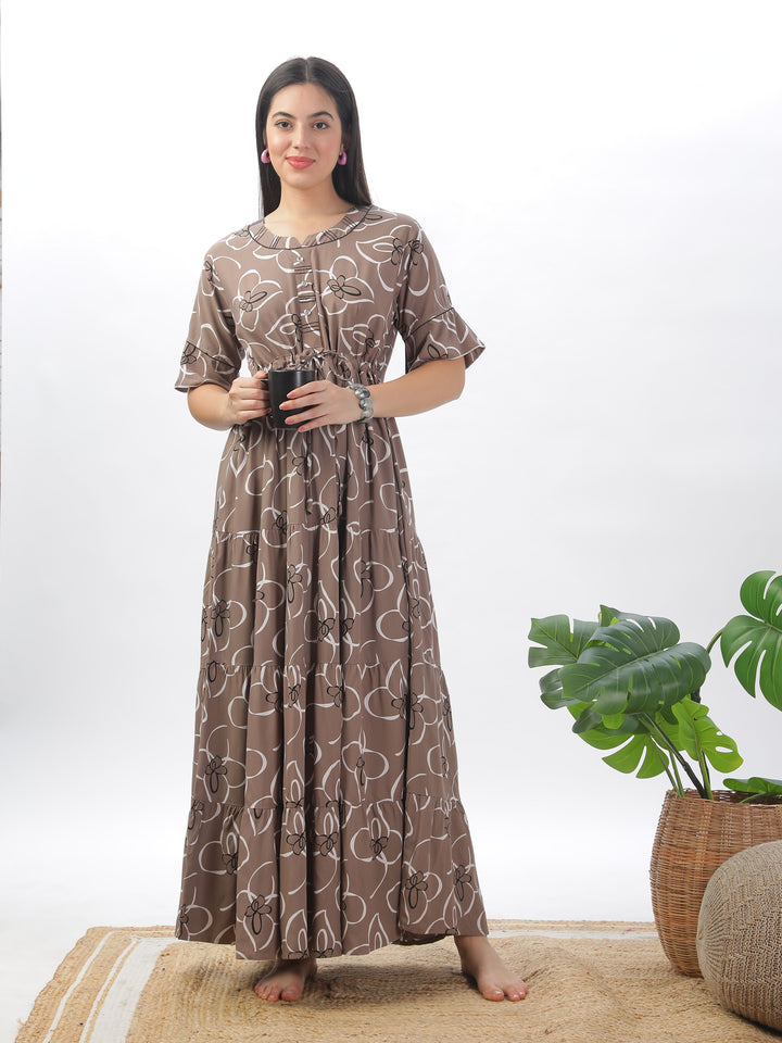 Khaki floral print designer nighty for women