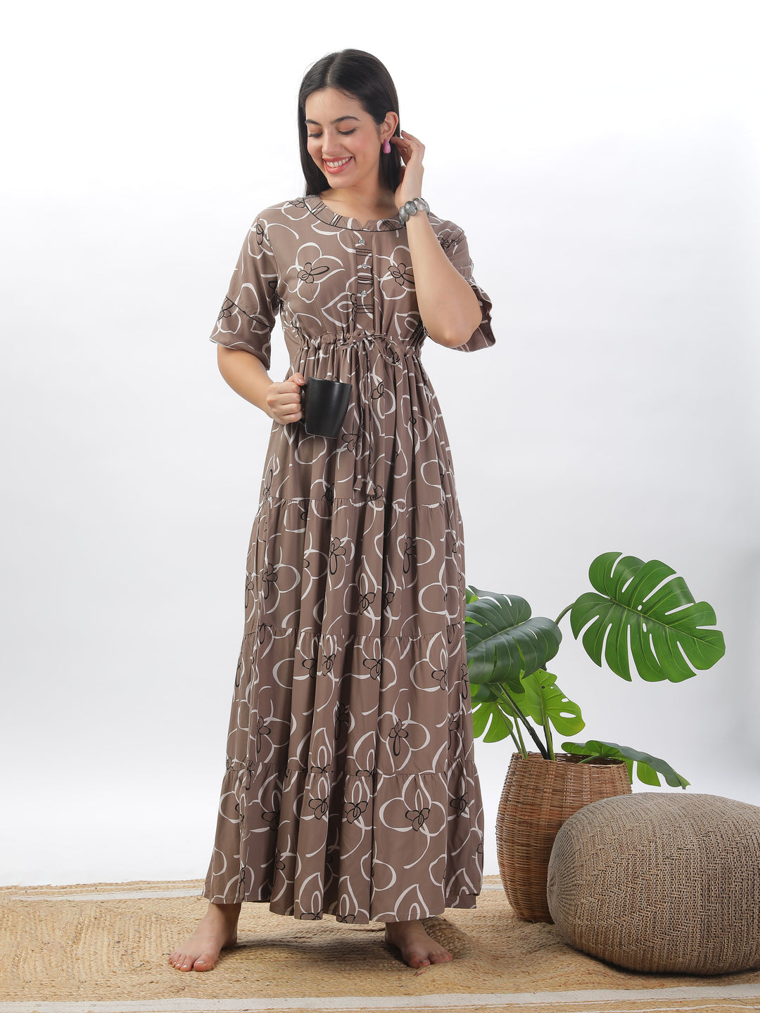 Khaki floral print designer nighty for women