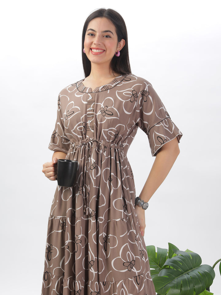 Khaki floral print designer nighty for women