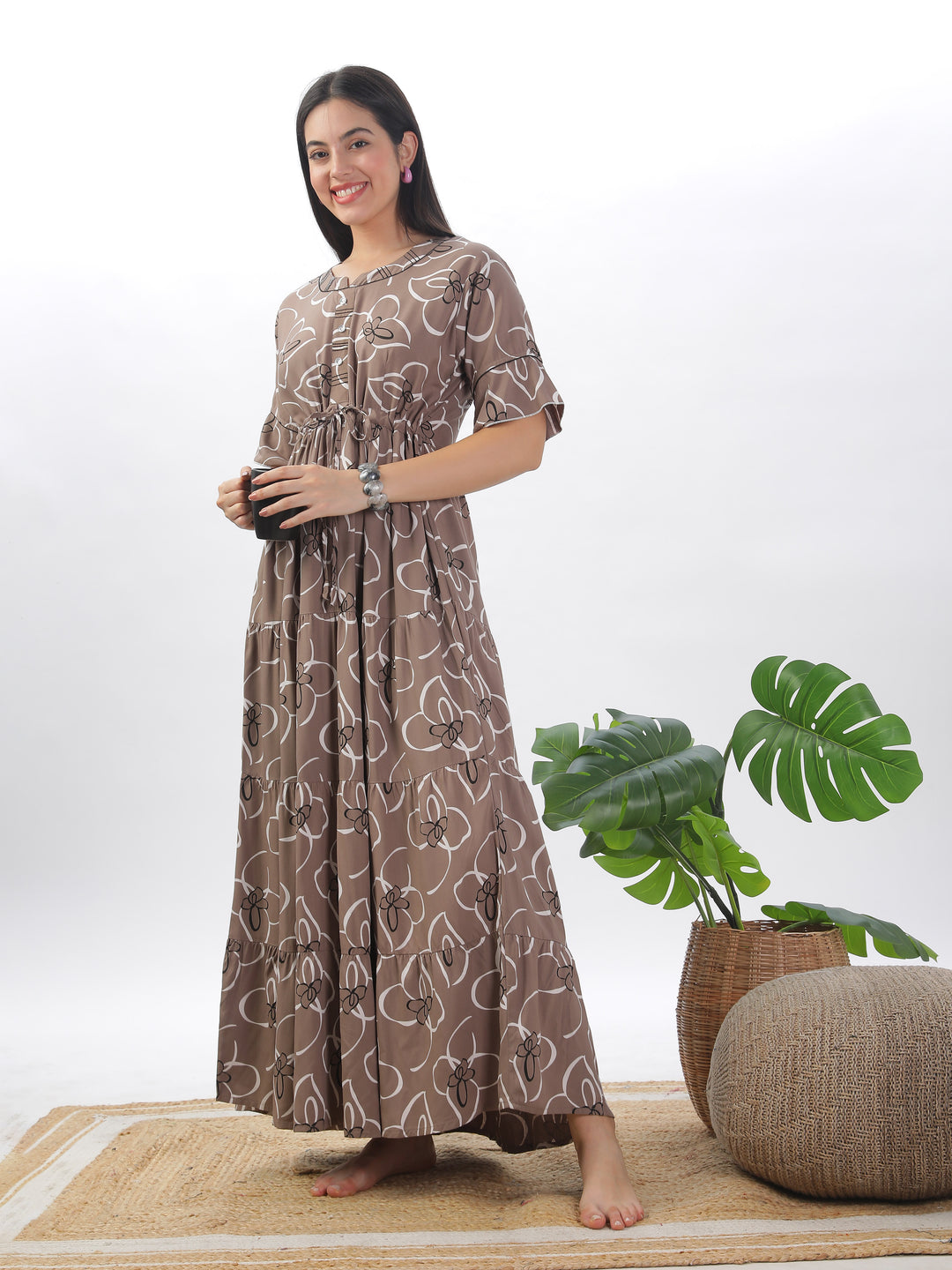 Khaki floral print designer nighty for women