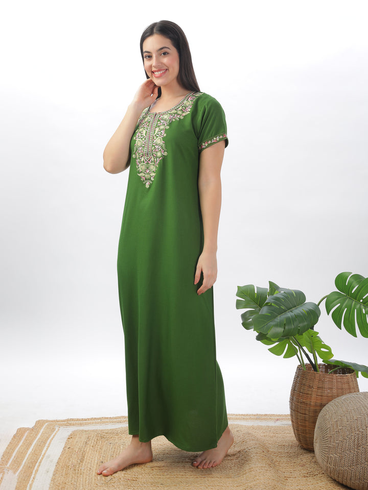 Green Alpine Designer Nighty with Elegant Embroidery - All-Season Wear