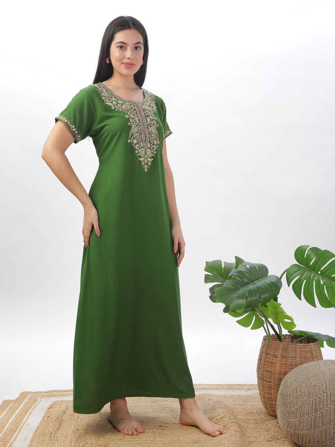 Green Alpine Designer Nighty with Elegant Embroidery - All-Season Wear