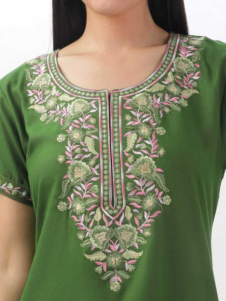 Green Alpine Designer Nighty with Elegant Embroidery - All-Season Wear