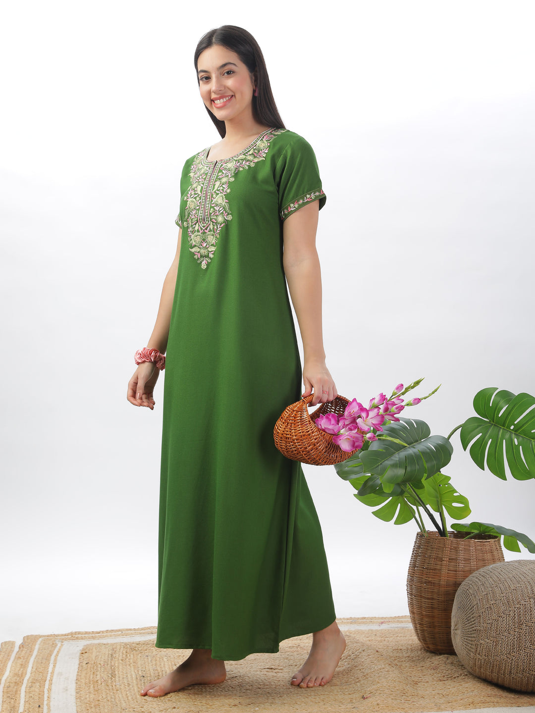 Green Alpine Designer Nighty with Elegant Embroidery - All-Season Wear