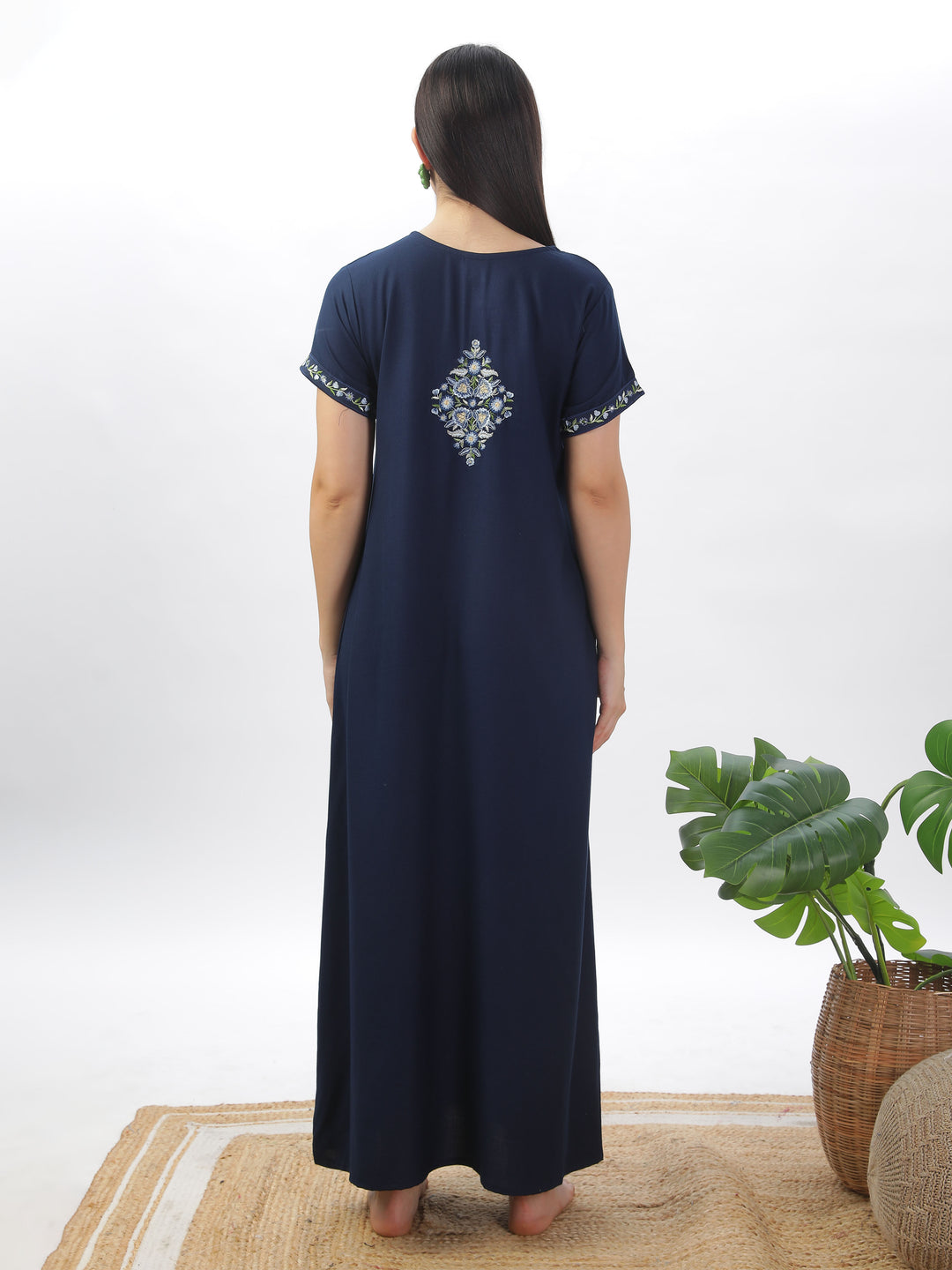 Navy Blue Alpine Nighty with Fancy Embroidery