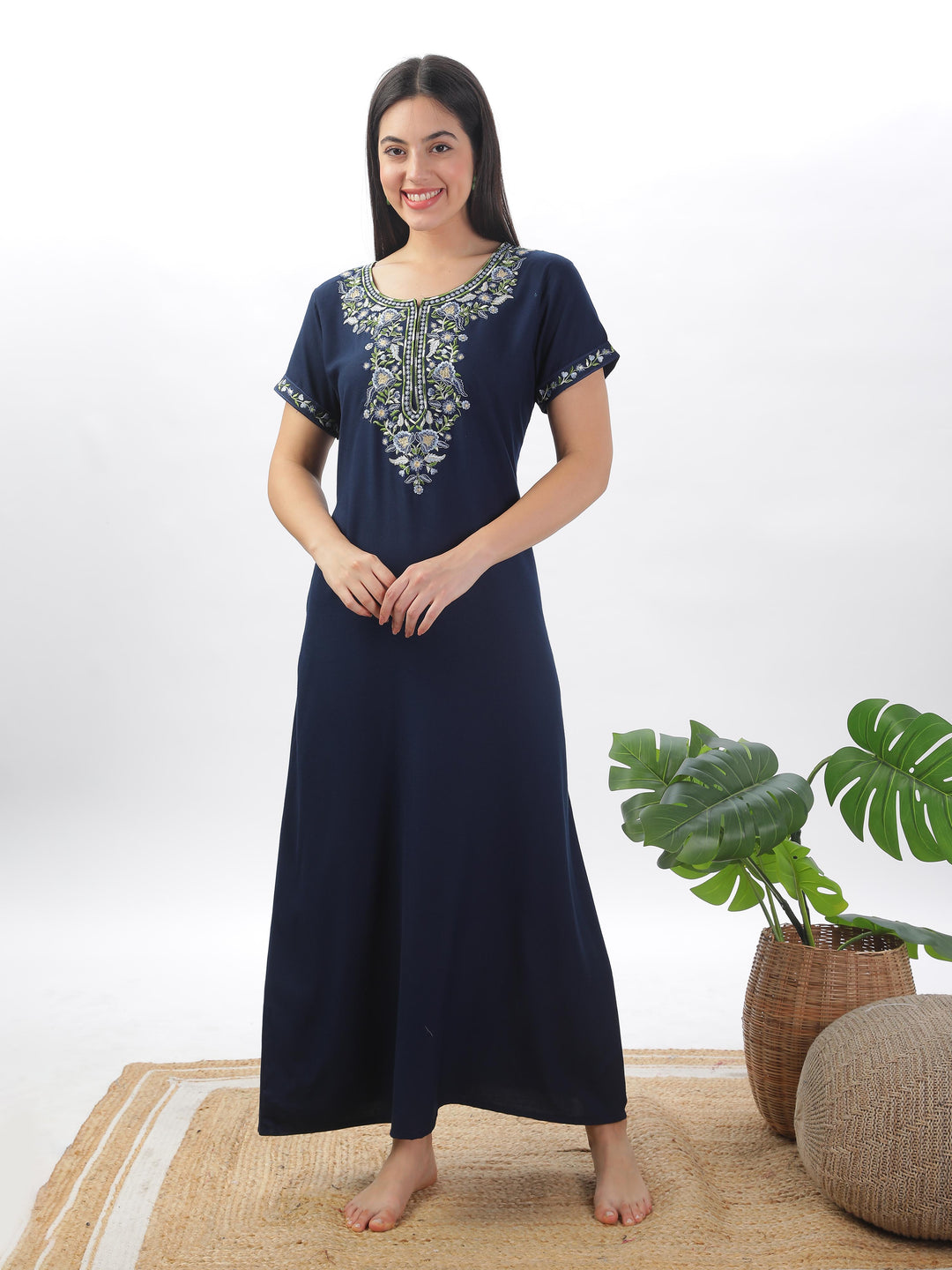 Navy Blue Alpine Nighty with Fancy Embroidery