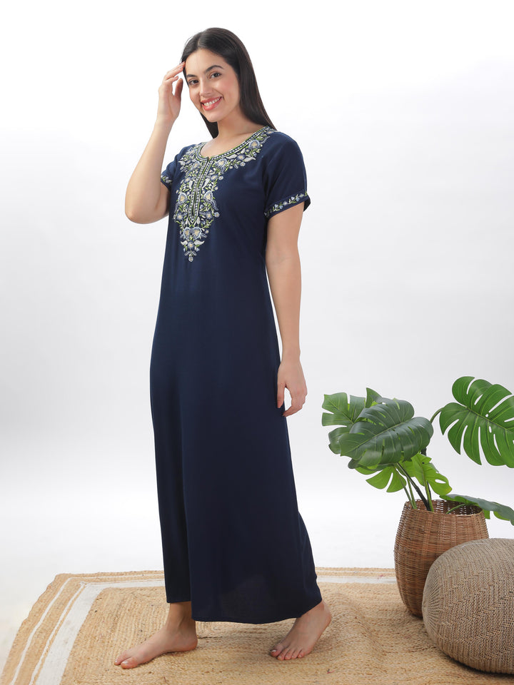 Navy Blue Alpine Nighty with Fancy Embroidery