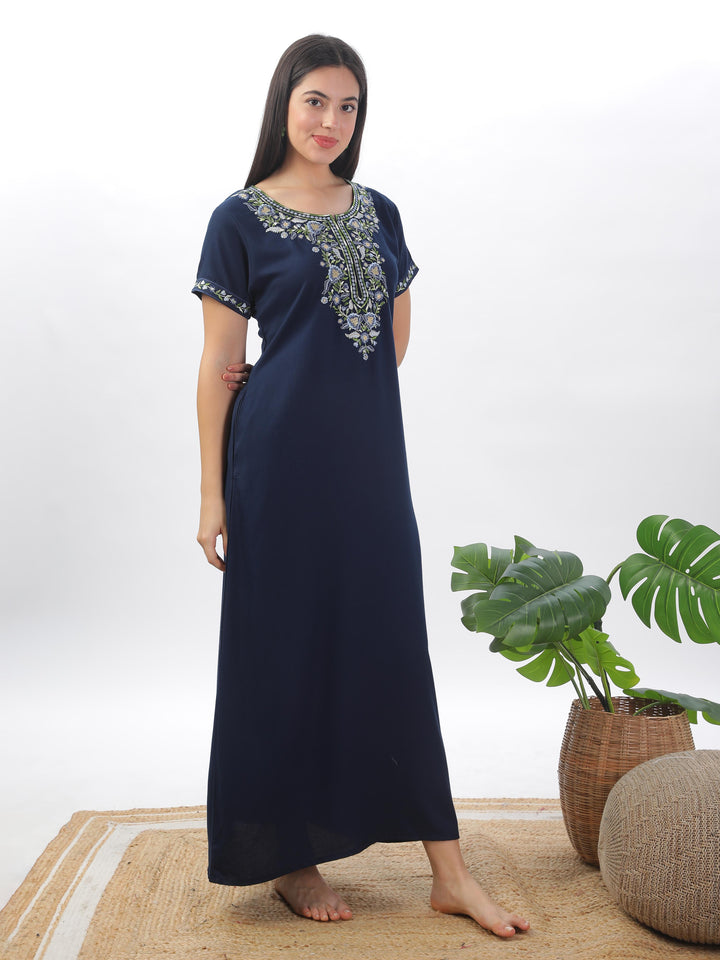 Navy Blue Alpine Nighty with Fancy Embroidery