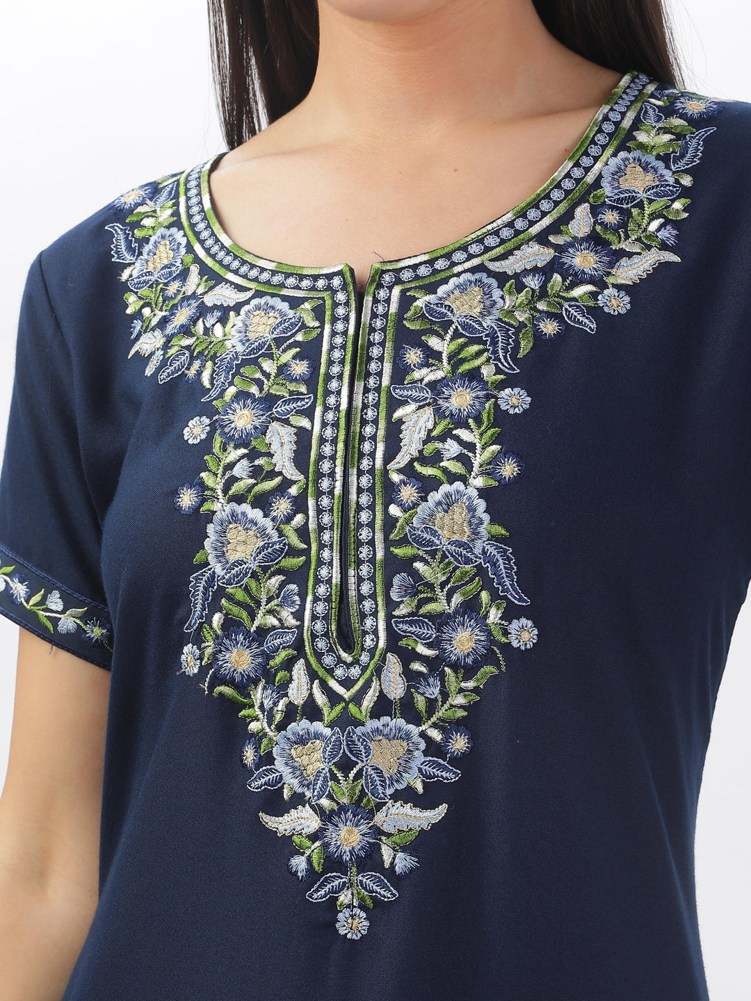 Navy Blue Alpine Nighty with Fancy Embroidery