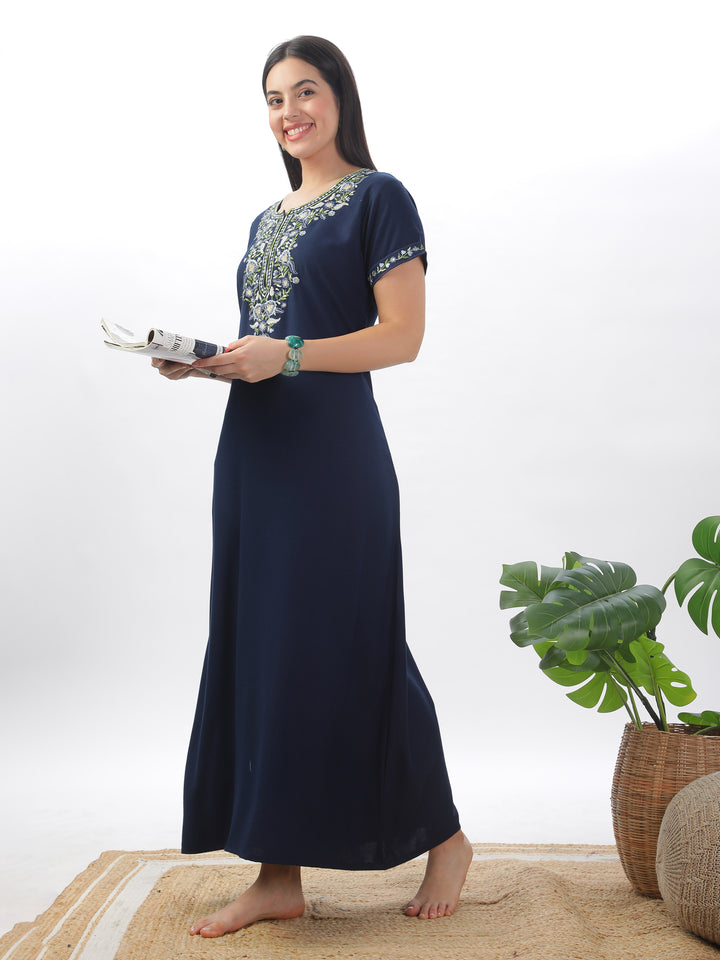 Navy Blue Alpine Nighty with Fancy Embroidery