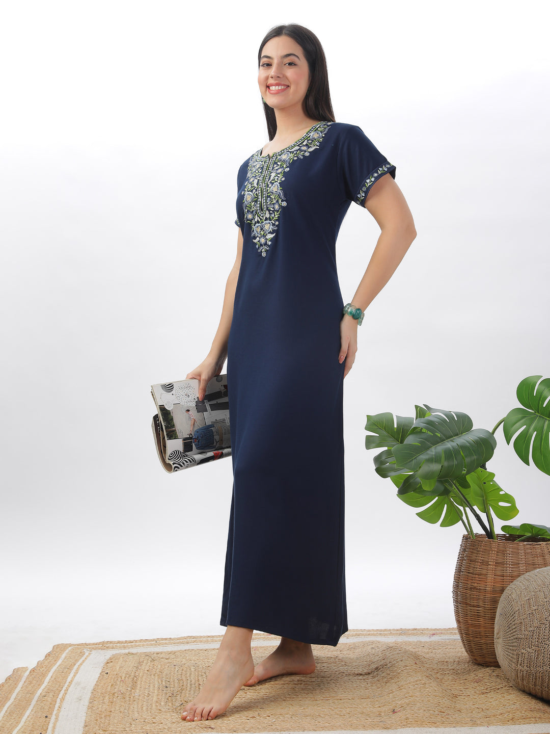 Navy Blue Alpine Nighty with Fancy Embroidery