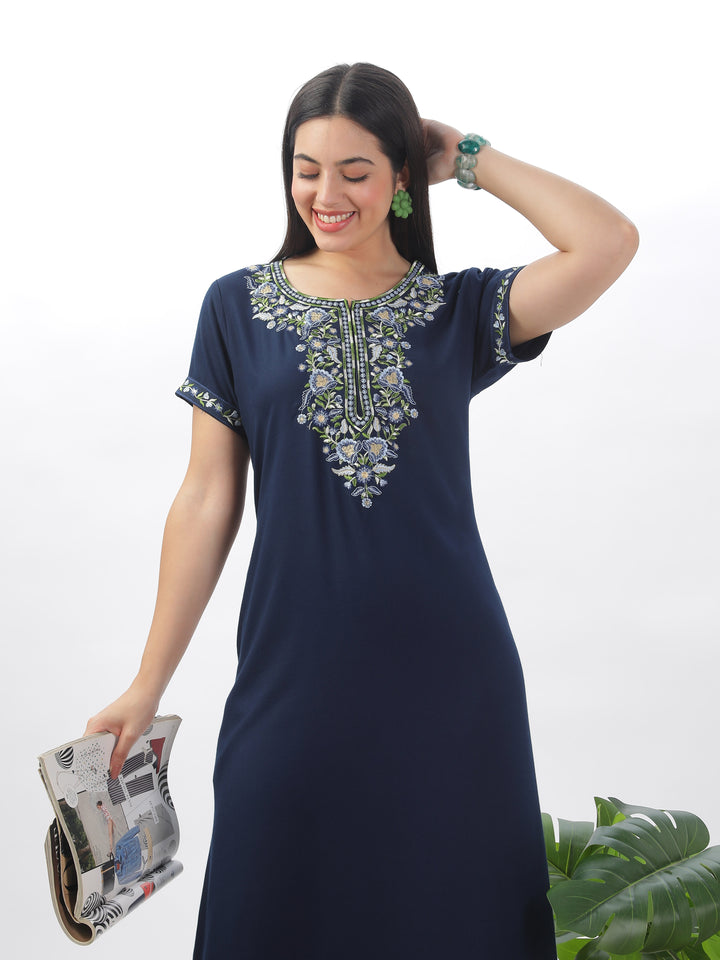 Navy Blue Alpine Nighty with Fancy Embroidery