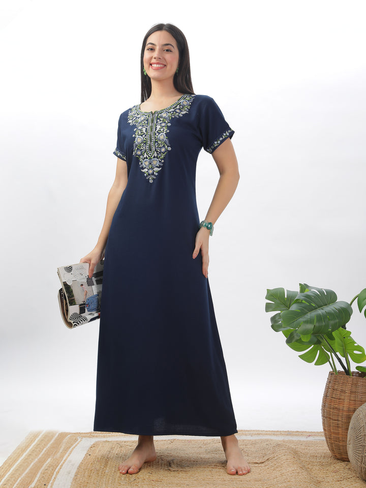 Navy Blue Alpine Nighty with Fancy Embroidery