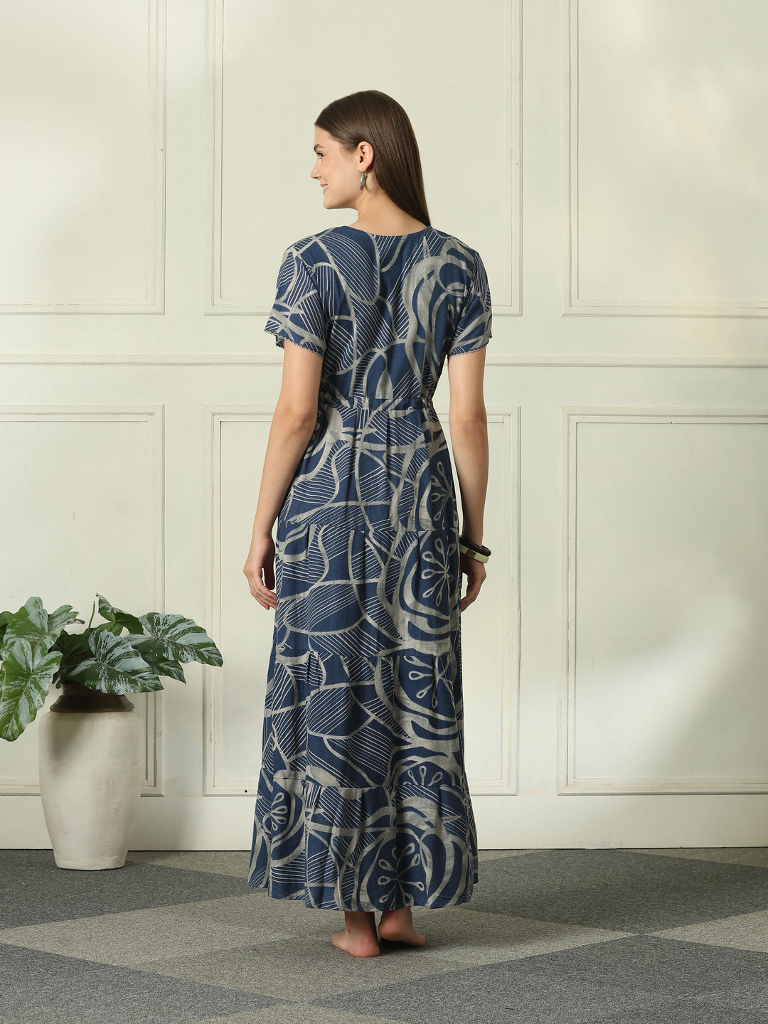 Designer Geometric Print Nighty with Tiered Hem in Urbane Indigo